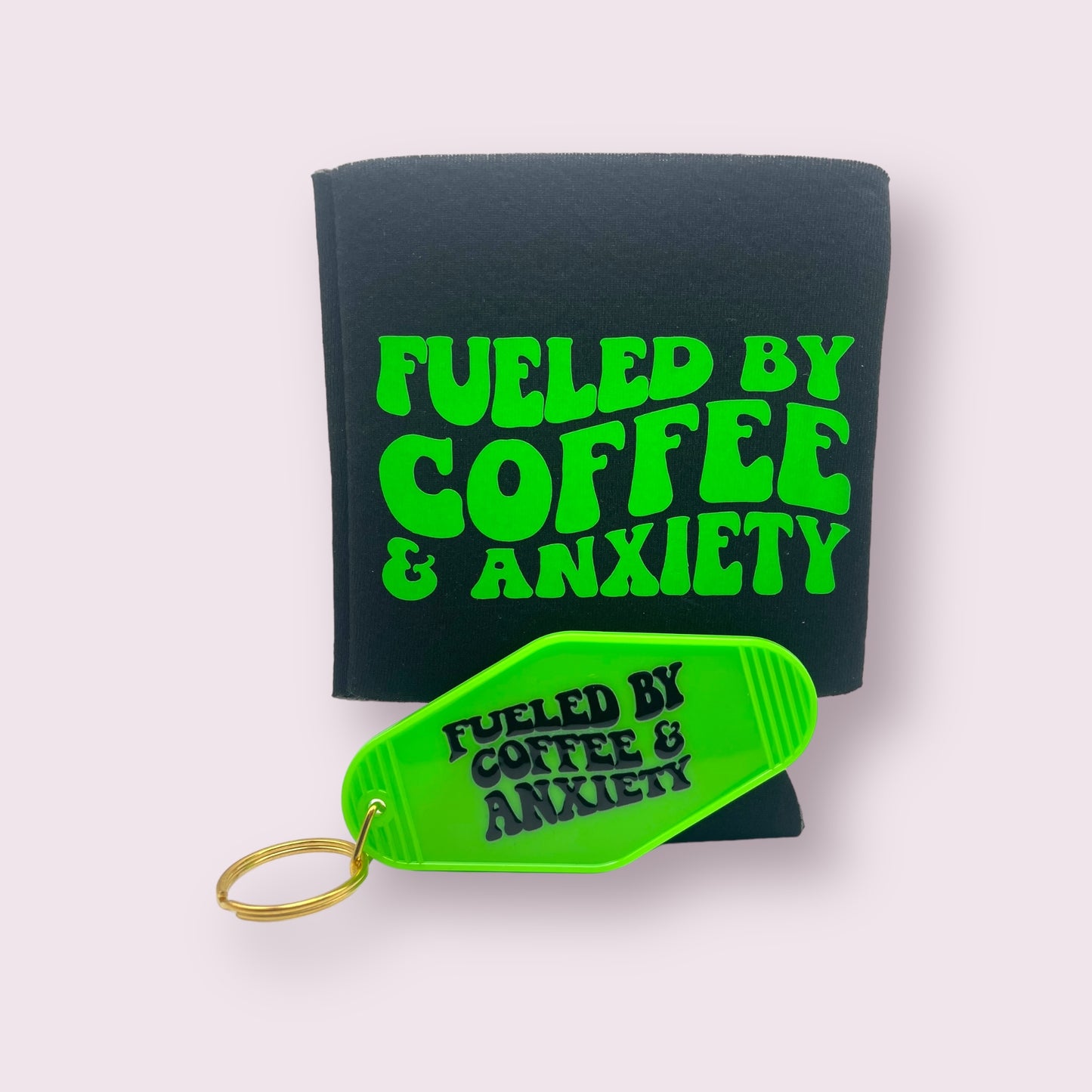 Fueled by Coffee & Anxiety Keychain & Koozie Bundle